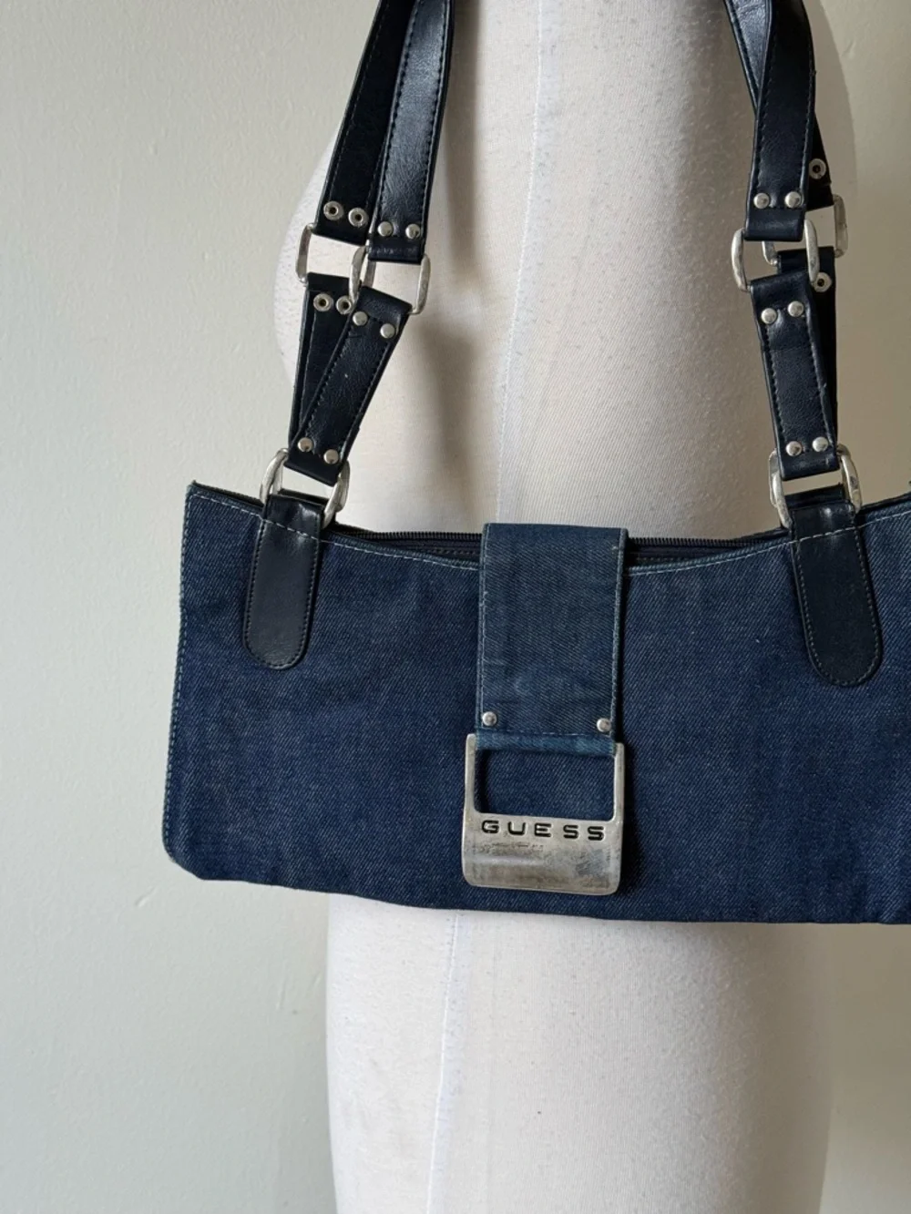 Guess Denim Shoulder Bag Y2K Buckle Detail Dark Wash - Picture 2 of 8